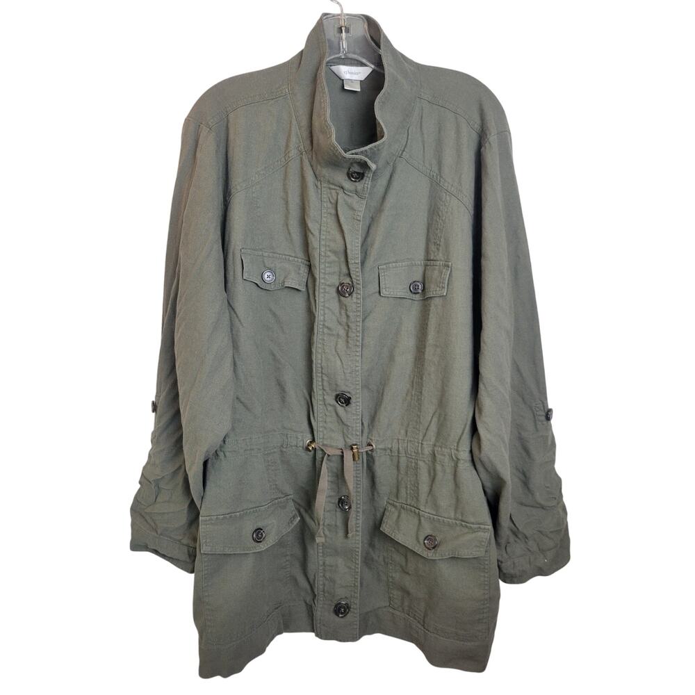 CJ Banks Womens Olive Green Utility Jacket Linen Blend Roll‎ Tab Lightweight 3X